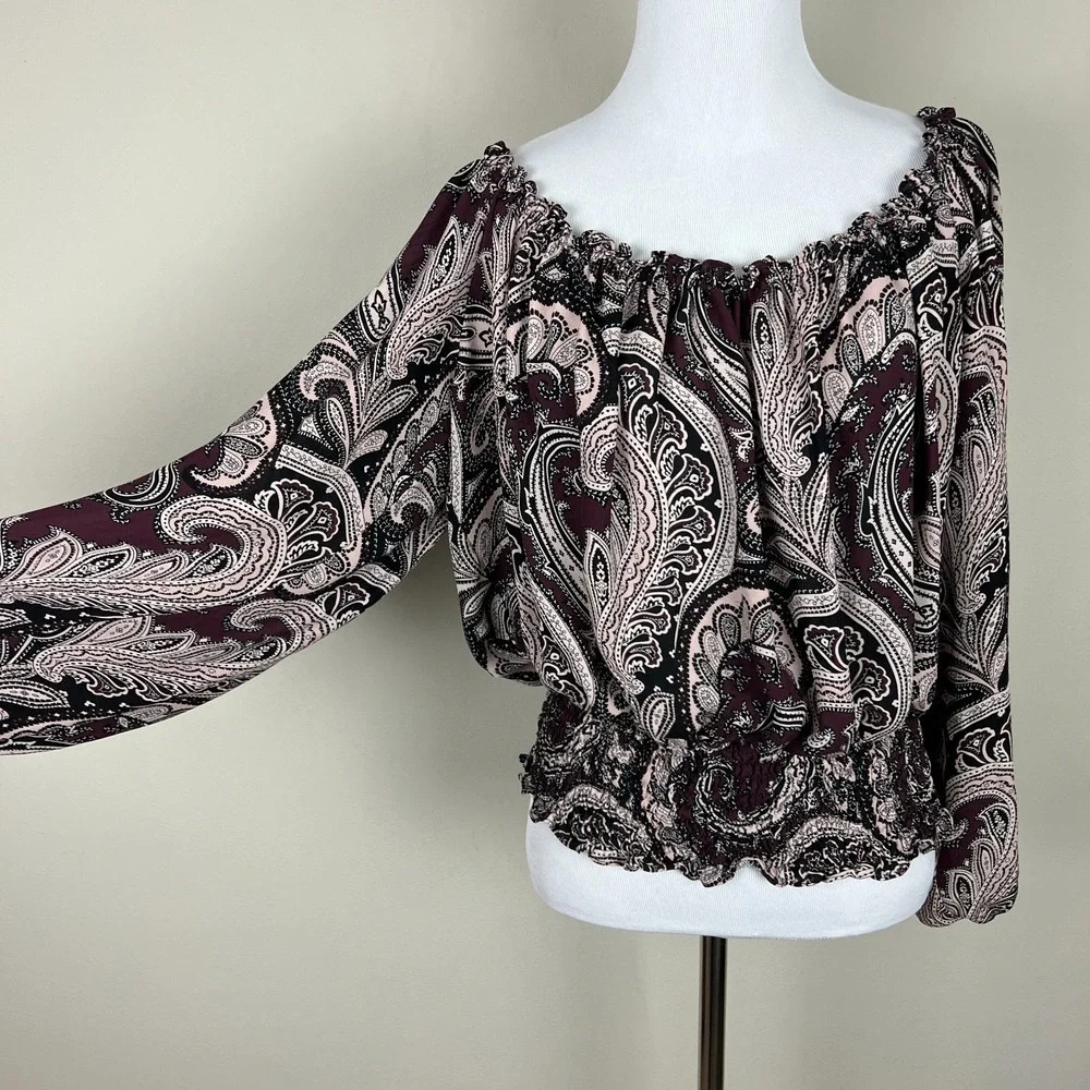 Michael Kors Blouse Top Womens‎ XL Paisley Off The Shoulder Silk Sheer Cropped